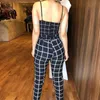 Women's Two Piece Pant Sets Cami Top High Waist Bodycon Ankle-length Short Sleeveless Grid Plunge V-neck Wrapped Plaid Summer Age 230106