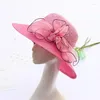 Basker breda grim sun hatt strand chapeu feminino kvinnor hattar bröllop fascinator blommor rosa fedora mössa vik