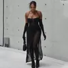 Casual Dresses Adogirl Women Sexy Sheer Mesh Jumpsuit Maxi Skirt Two Piece Set With Gloves 230105