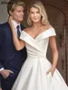 Vintage Off Shoulder A Line Wedding Dresses For Brides Simple Satin Elegant Pleated Boho Garden Bridal Gowns Long Court Train Drapped Second Reception Dress CL1650