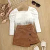 Clothing Sets Fashion Autumn Kids Girls Outfits Suit Solid Cotton Long Sleeve Fluffy Hair Knitted Tops Leather Short Skirt With Belt Set