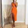 Casual Dresses Woman Sexy Orange Slim V Neck Knitted Long Dress 2023 Summer Elegant Hollow Out Patry Ladies Elasticity Sleeveless DressCasua