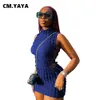 Feestjurken CM Yaya Lace Up Side Hollow Out Seersucker Mouwloze Turtleneck Bodycon Midi -jurk voor vrouwen Summer Chic Ins 230105