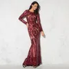 Casual Dresses O Neck Bourgogne Sequined Evening Party Dress Full Sleeped Elegant Autumn Winter Long Maxi