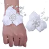 Fiori decorativi Sposo Spilla Sposa Polso Corpetto Braccialetto elastico Nastro di strass Rosa Puntelli da sposa fatti a mano T050S