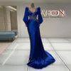 Royal Blue Aplike Denizkızı Gelinlik Modelleri V Yaka Boncuklu Abiye Giyim Uzun Kollu Kuyruk Saten Overskirt Resmi Elbise Sweep