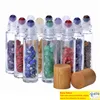 10ml Essential Oil Diffuser Clear Glass Roll on Perfume Bottles with Crushed Natural Crystal Quartz Stone Crystal Roller Ball Bamboo