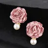 Stud Earrings Elegant Fabric Peony Flower Pearl Crystal Rhinestone Pedants Elegan Women Colorful Bohemian Manual Fashion Jewelry