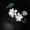 Küme halkaları yüzük S925 STERLING Gümüş Doğal Yeşim Lotus Çiçeği Kadınlar Ulus Tarzı Lady Fine Jewelry
