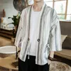 Herrjackor 2023 Summer Stripe Patchwork Kimono Jacket Streetwear Windbreaker Ribbons Cardigan Cotton Linen Open Stitch Coat Man