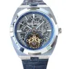 Mens watch Tourbillon Skeleton dial Luminous Automatic movement Winding Blue Leather strap gentleman Wristwatch 42mm