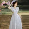 Festklänningar yosimi vit jacquard bomullskvinnor klänning 2023 sommar mitten av kalv söt passform och flare v-veck kort ärm vestido feminino