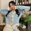 Women's Knits Woman Cardigan Autumn/winter Knitting Long Sleeve O-neck Pockets Splicing Color Woman's Clothing Drop Sale GXY3597