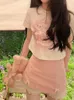 Rokken houzhou ruche roze mini rok vrouwen kawaii Japanse mode boog patchwork solide high taille a-line schattige mori girl zomer