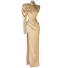 Superbe sirène robes de bal pour les femmes haut bijou cou satin plis drapé cristaux perlés manches longues robe de soirée formelle anniversaire robe de soirée sur mesure