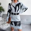 Casual klänningar Autumn Winter Geometric Print Women tröja klänning stickad pullover halv krage Löst långärmad kvinnor tjockare varm