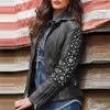 Women's Jackets Women Rhinestone PU Leather Jacket Solid Long Sleeve Lapel Zip Coats Short Biker Outerwear Streetwear Coat Windbreaker Black