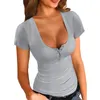 Женские футболки моды классическая сплошная футболка топ топ сексуальный украшение кнопки.