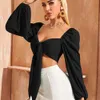 Women Super Short Sexy Lace Up Slim Bubble Sleeve Solid Shirt Designer 2023 New Long Sleeve Shirt 7 Colours