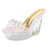 Slippers Wedges Wedges Platform Glitter Rhinestones Clear Transparant Slipper Crystal High Heel Ladies Club Sexy Sandals schoenen