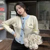 Women's Knits Woman Cardigan Autumn/winter Knitting Long Sleeve O-neck Pockets Splicing Color Woman's Clothing Drop Sale GXY3597