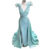2023 Sexy Evening Dresses Wear Turquoise Deep V Neck Feather Lace Appliques Crystal Beads Overskirts Detachable Train Side Split Plus Size Party Formal Prom Gowns
