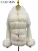 Women s Fur Faux ZADORIN Fall Winter Women Coat Luxury Knitted Sweater Cardigan Detachable Collar White Pink Jacket Coats 230105