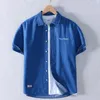 Camisas casuais masculinas de algodão de manga curta camisa clássica de jeans clássico azul de verão fino de jeans de cowboy