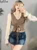 Women's T Shirt Sylcue French Retro Stitching Lightweight Breathable Cool Drawstring Lace Collar Sweet Casual Versatile Bell Sleeve Top 230105