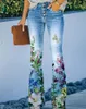 Kvinnors jeans trycker full längd byxor casual daglig mikro elastisk blomma blommig hög midja lös grön blå lila gul ljus 230105