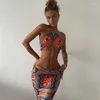 Casual Dresses Two Piece Set Women Sleeveless Tops Vintage Printing Neck Open Back Soe Up Bra Skinny Kirt Beach Summer Vestido