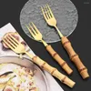 Dijkartikelen sets 4/20 stcs Gold Nature Bamboo bestrijdende roestvrijstalen tafelwerk steak mes dessert vork lepel keuken flatware set