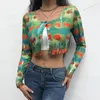 Damen T-Shirts SEASONS Tie Dye Print Y2K Cardigan T-Shirts Frauen Button Up V-Ausschnitt Vintage Cute Baby T-Shirt Langarm Herbst Tops Crop