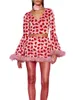 Femmes deux pièces pantalon haut jupe polaire garniture ensemble rose mode costume décontracté à manches longues coeur imprimé recadrée Wrap High Street 230106