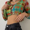 Damen T-Shirts SEASONS Tie Dye Print Y2K Cardigan T-Shirts Frauen Button Up V-Ausschnitt Vintage Cute Baby T-Shirt Langarm Herbst Tops Crop