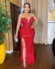 2023 아랍어 ASO EBI RED MERMAID PROM DRESS BEADED 스팽글 레이스 저녁 공식 파티 두 번째 리셉션 생일 약혼 가운 드레스 ZJ505