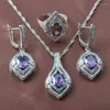 Ensemble de boucles d'oreilles et collier en cristal violet naturel pour femmes, cadeau de noël, bagues de couleur argent, Bracelet YZ0609