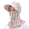 Wide Brim Hats 2023 Women Anti-UV Sun Hat Multi Function Summer Lady Striped Visor Cap Neck Protect Riding Hunting