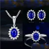 Zestawy biżuterii ślubnej Przyjazd Saprkling luksusowy zestaw 925 Sterling Sier Sier Cut Blue Sapphire CZ Diamond Women Naszyjnik Dr Dhsdv