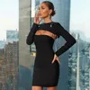 Casual Dresses 2023 Spring Women's Elegant Black Long Sleeve Cutout Diamond Chain Design Sexy Mini Bodycon Bandage Dress