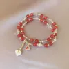 Link Bracelets Double Circle Natural Red Agate/Strawberry Quartz/Garnet/Rutilated Quartz Women Bracelet Crystal Beaded Female