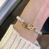 Link Bracelets 19cm Geometric Pearl Metal Bracelet Retro Fashion Simple Inlay Green Gemstone Kpop Trend Jewelery Items