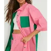 Calça feminina casual com 2 peças conjunto de roupas com cores contrastantes patchwork oversized meia manga botões camisas com shorts terno 230106