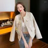 Women's Jackets High Quality Beading Tweed Women O-Neck Long Sleeve Wool Coat Single Breasted Outwear Vintage Harajuku