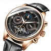 Armbandsur skelett Tourbillon Mechanical Watch Men Automatic Black Gold Leather Self Winding Male Wrist Watches Reloj Hombre Luxury Todo