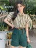 Women's Two Piece Pant Summer Sets Vintage Striped Shirts Front Pockets Wide Leg Shorts 2 Outfits Preppy Korean Style Ins Young Girls 230106