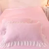 Sängkläder sätter lyxuppsättning Princess Bow Ruffle Däcke täcker bröllop rosa flicka baby säng kjol quilt dubbel sängkläder