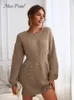 Kvinnors tröjor Miss Petal Honeycomb Knit Brown Dress Woman Casual Long Sleeve 2023 Autumn Winter Pullovers Ytterkläder 230105