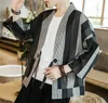 Herrjackor 2023 Summer Stripe Patchwork Kimono Jacket Streetwear Windbreaker Ribbons Cardigan Cotton Linen Open Stitch Coat Man