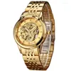 Avanadores de punho Box Luxo Dragão Chinês assiste homens Automático mecânico Golden Wristwatch Aço inoxidável Mãos luminosos Esqueleto masculino Reloj